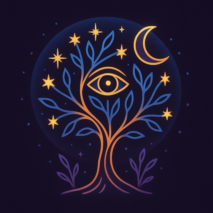 Illustration of a tree, an eye, and a crescent moon on a deep navy circle